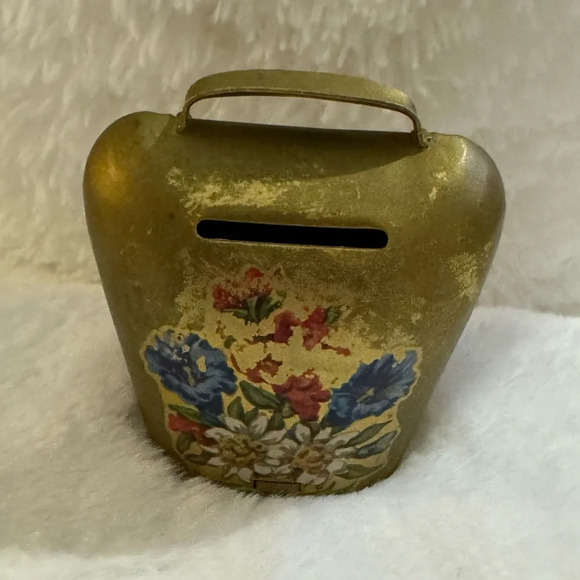 Vintage Brass Bavarian Floral Cowbell Shaped Piggy Coin Bank Cottagecore Rustic - Picture 5 of 9